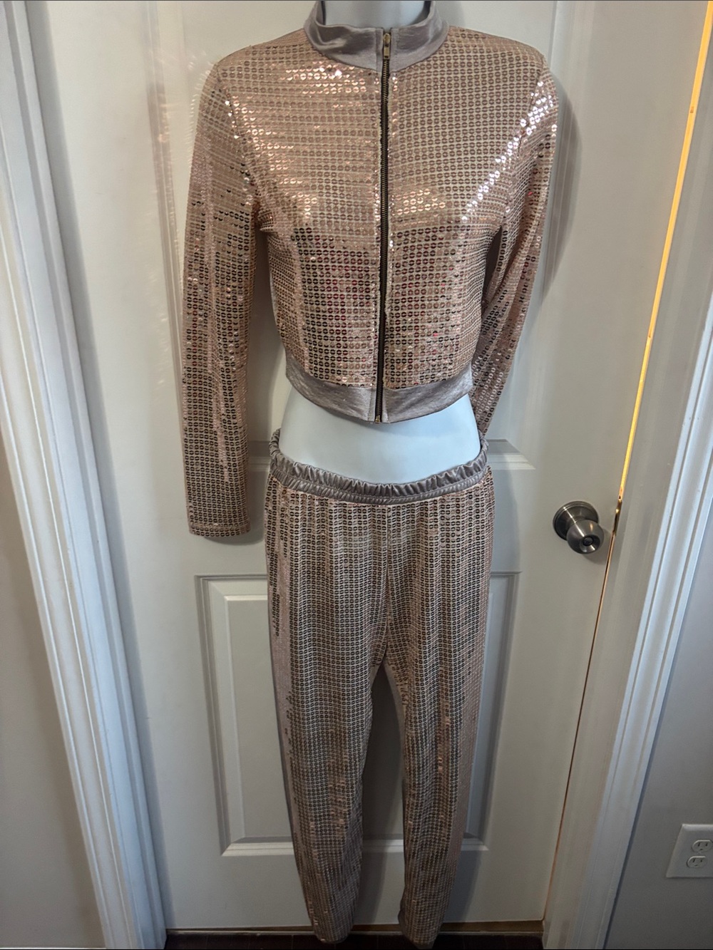 Upscale Sequin Crop Jacket & Jogger Set - Rose Gold